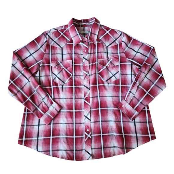 Roper Pearl Snap Shirt Womens 2X Pink Red Black Plaid Western Cowboy Equestrain - Picture 1 of 11